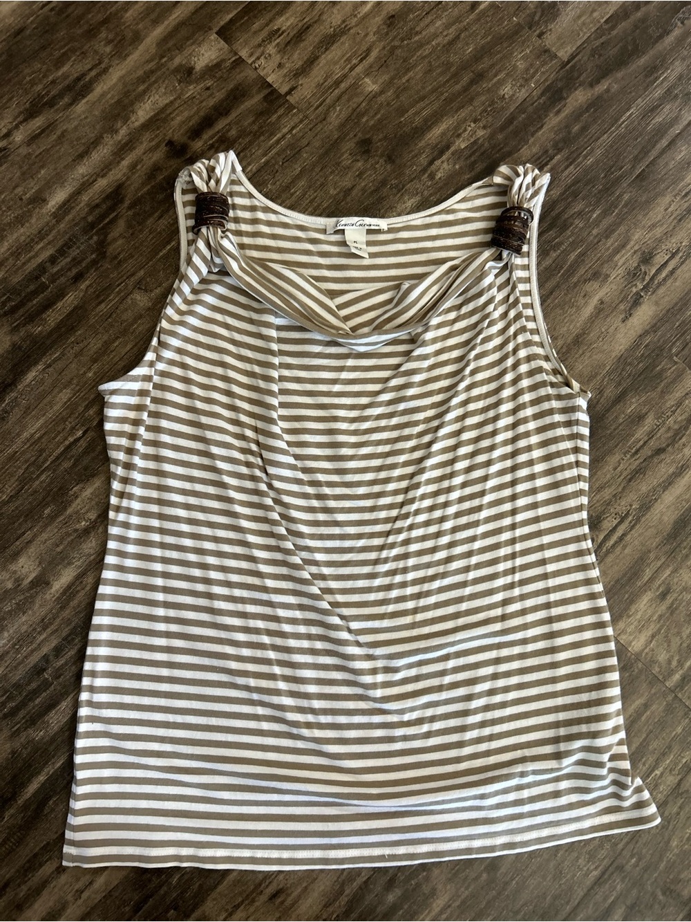 Kenneth Cole New York Taupe & White Striped Knot-Shoulder Tank